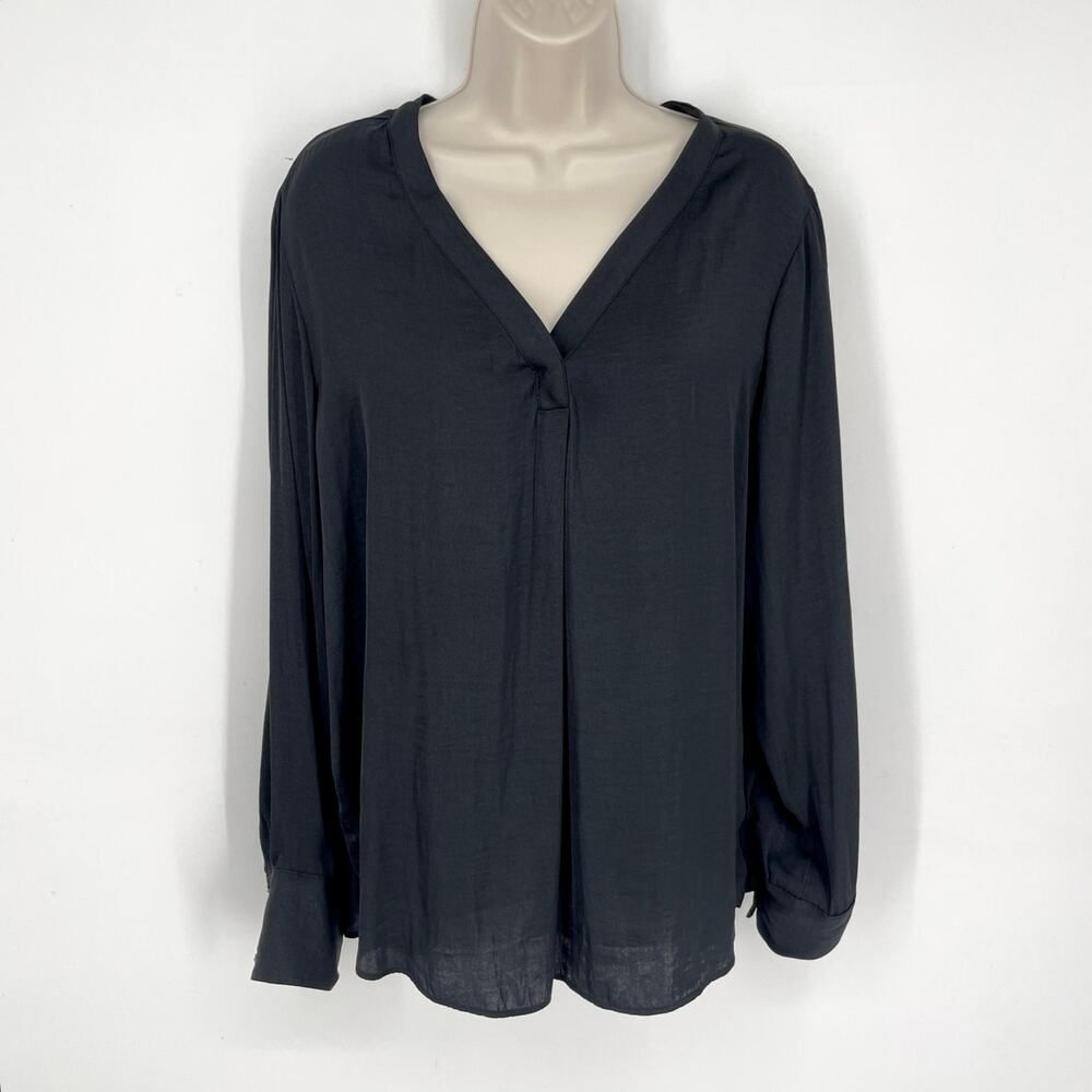 Maison d’Amélie Paris V-Neck Semi-Sheer Blouse Sz XL Black Long Sleeve Pleats